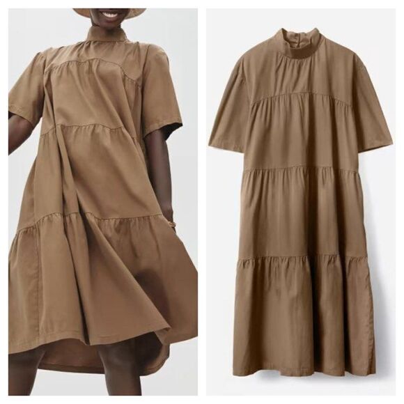 Everlane The Tiered Midi Dress Cotton Mock Neck Short Sleeve Tan XS - Picture 1 of 7